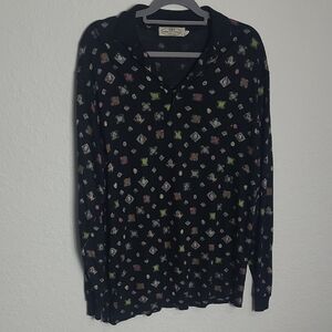 Pronto Uomo Black and Gray Patterned Polo Shirt Long Sleeve Size L